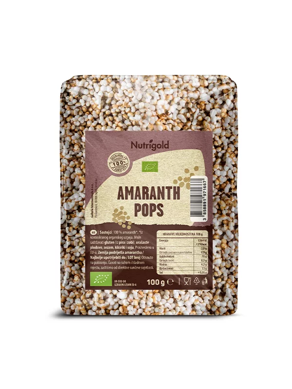 Organic Amaranth pops in a plastic container, 100 grams