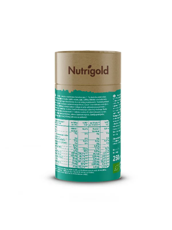 Nutrigold organic spirulina tablets in a green cylindrical cardboard packaging of 250g