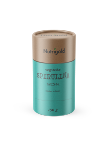 Nutrigold organic spirulina tablets in a green cylindrical cardboard packaging of 250g
