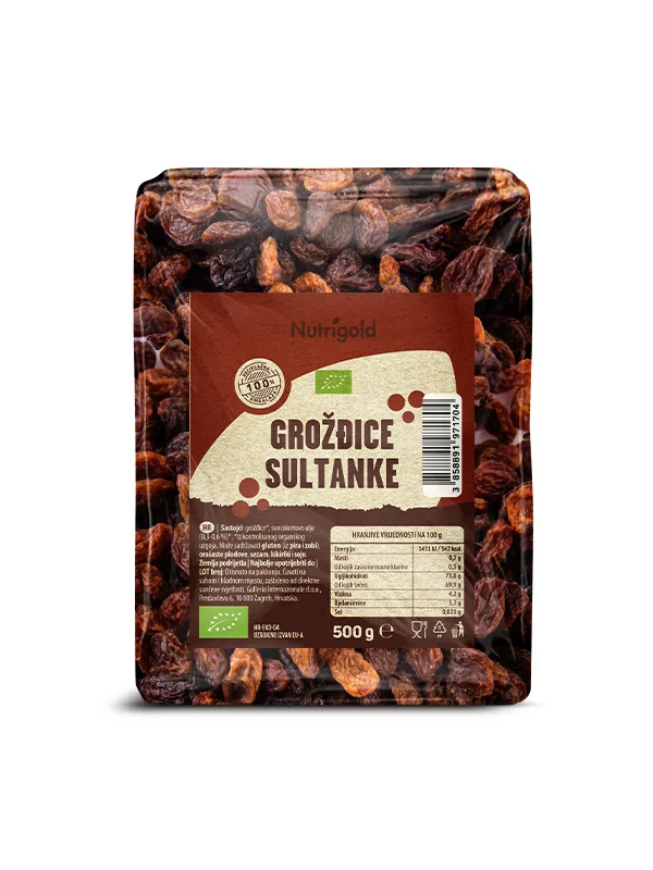 Nutrigold organic sultanas in a packaging of 500g
