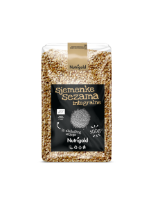 Nutrigold organic whole sesame seeds in a transparent packaging of 500g