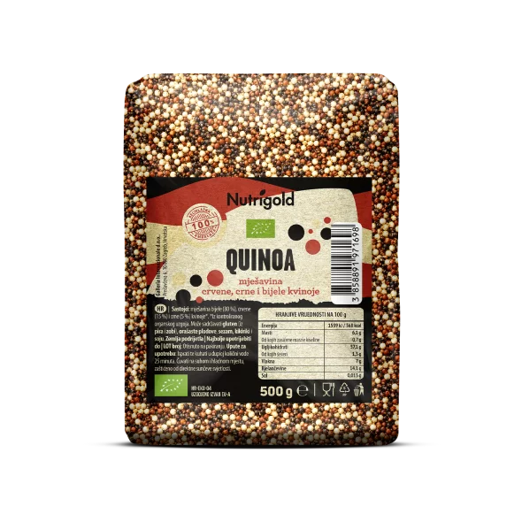 Nutrigold organic quinoa ''tricolor'' in a transparent packaging of 500g