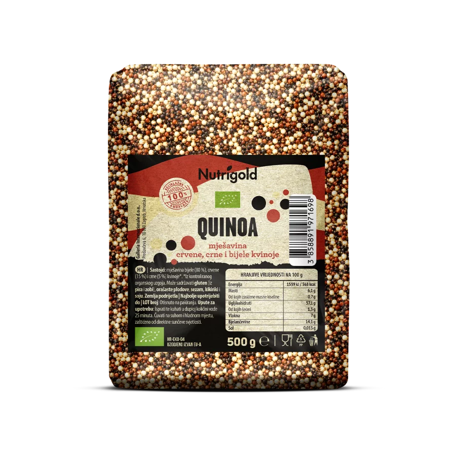 Nutrigold organic quinoa ''tricolor'' in a transparent packaging of 500g