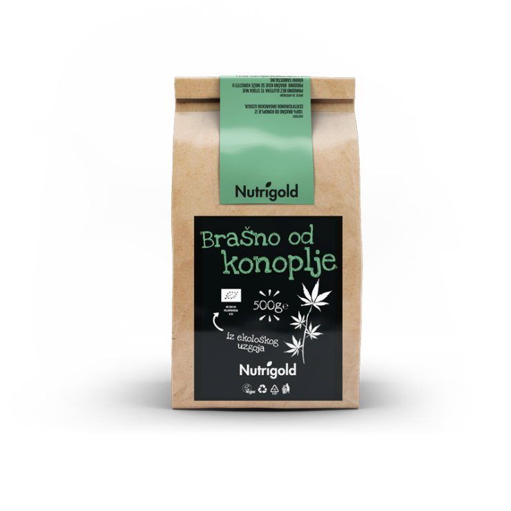 Nutrigold hemp flour from controlled organic agriculture in brown packaging of 500 grams