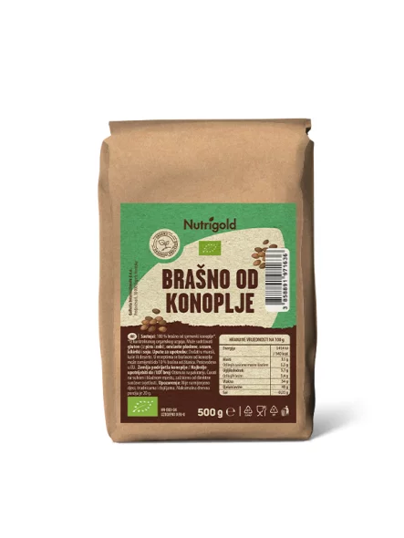Nutrigold hemp flour from controlled organic agriculture in brown packaging of 500 grams