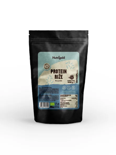 Nutrigold organic rice protein in a black resealable packaging of 1000g