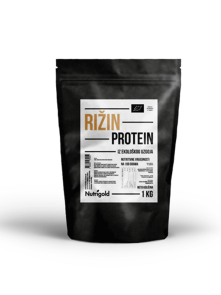Nutrigold organic rice protein in a black resealable packaging of 1000g