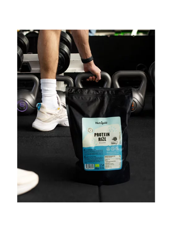 Nutrigold organic rice protein in a black resealable packaging of 1000g