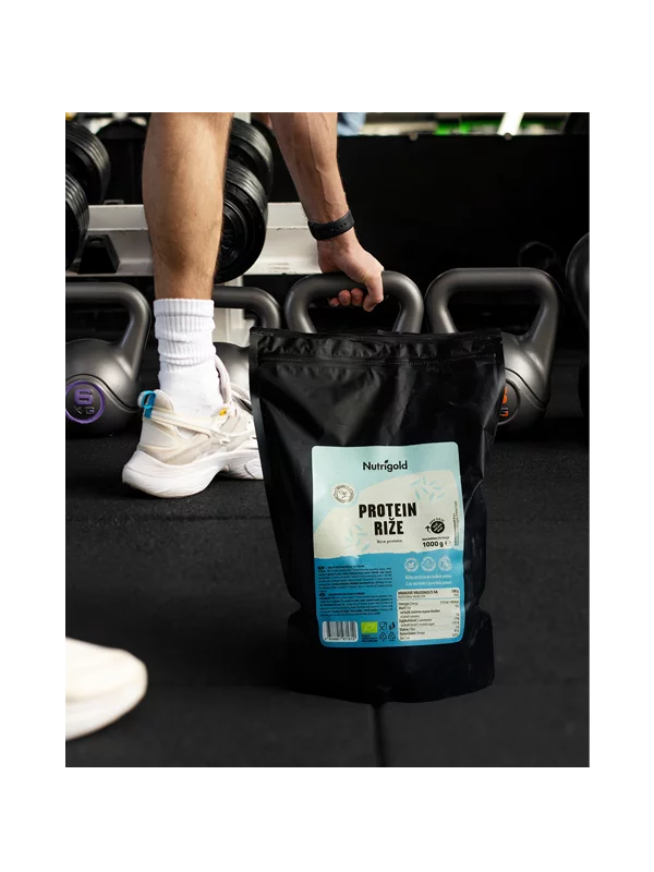 Nutrigold organic rice protein in a black resealable packaging of 1000g