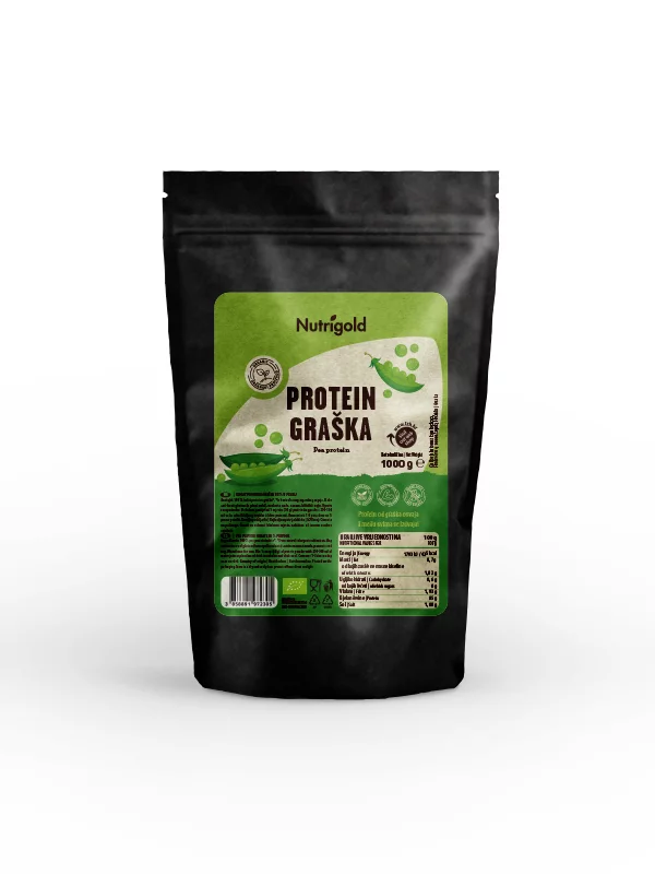Nutrigold organic pea protein powder in a packaging of 1000g