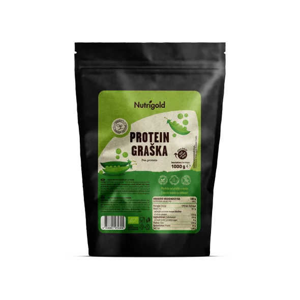 Nutrigold organic pea protein powder in a packaging of 1000g