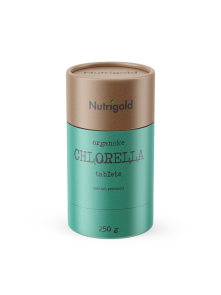 Nutrigold organic chlorella tablets in cylinder shaped packaging of 250g