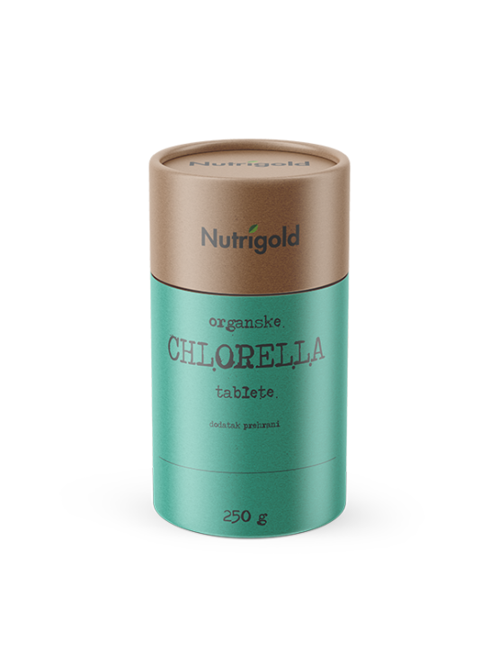 Nutrigold organic chlorella tablets in cylinder shaped packaging of 250g