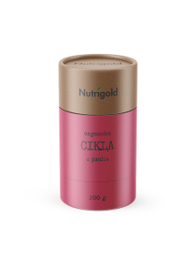 Nutrigold organic beetroot in cylinder shaped packaging box of 200g