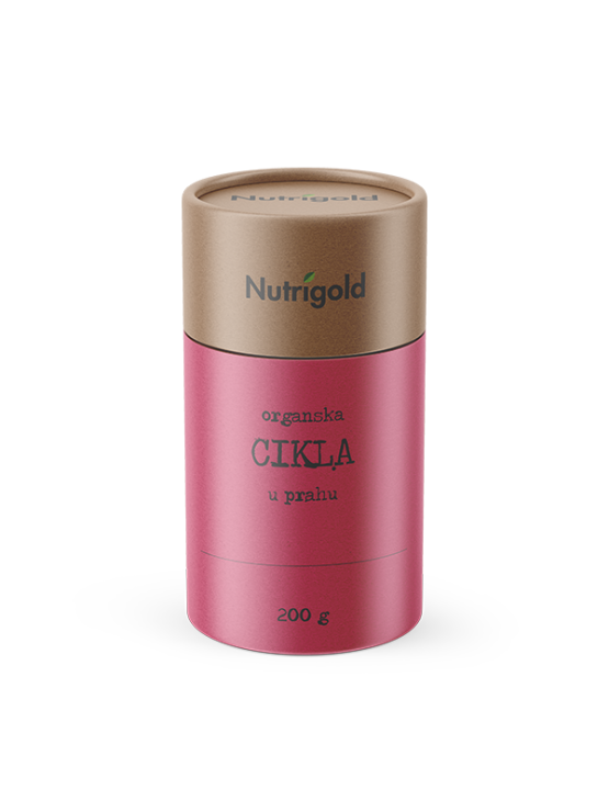 Nutrigold organic beetroot in cylinder shaped packaging box of 200g