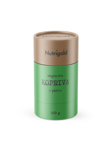 Nutrigold organic nettle powder in a green cardboard packaging of 150g