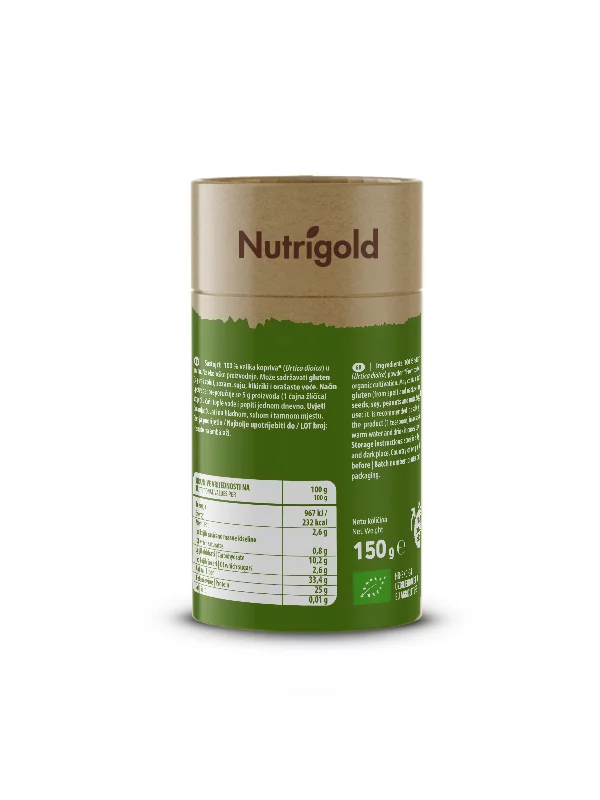Nutrigold organic nettle powder in a green cardboard packaging of 150g