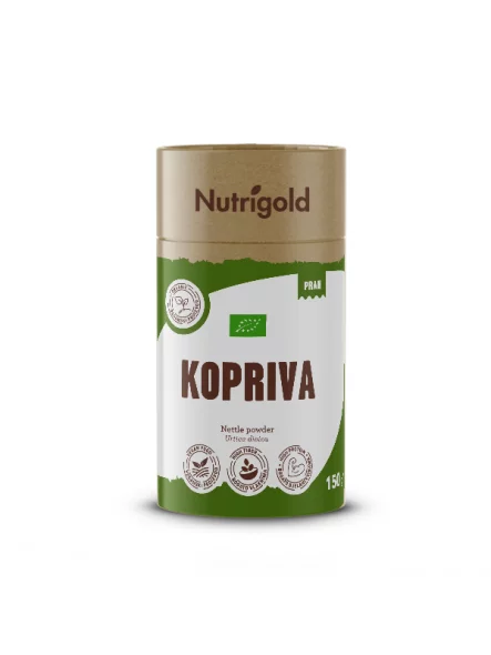 Nutrigold organic nettle powder in a green cardboard packaging of 150g
