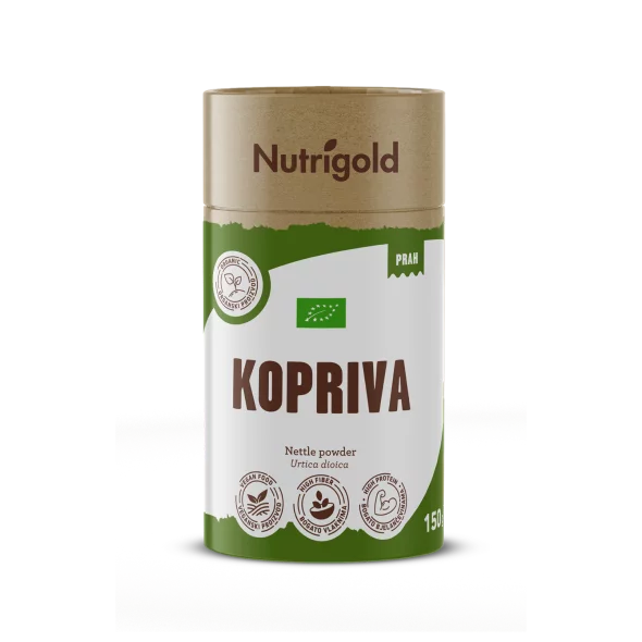 Nutrigold organic nettle powder in a green cardboard packaging of 150g