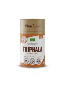 Nutrigold organic triphala powder in a cylindrical packaging of 200g