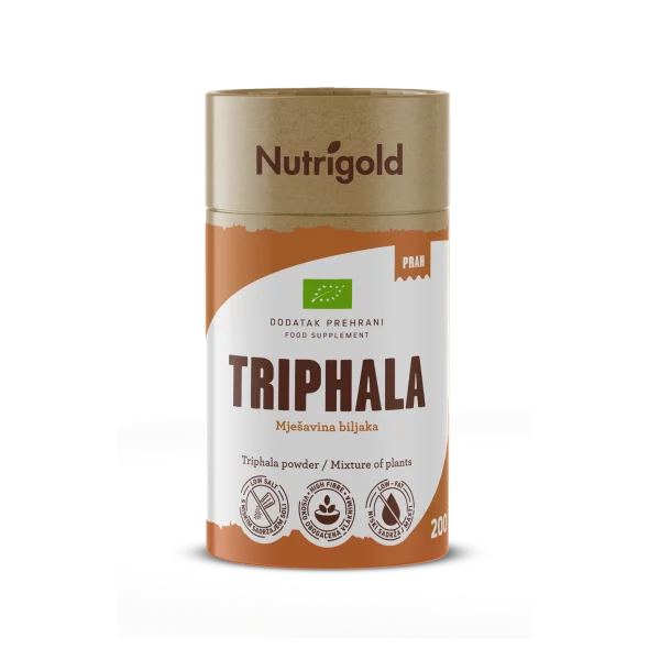 Nutrigold organic triphala powder in a cylindrical packaging of 200g