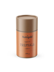 Nutrigold organic triphala powder in a cylindrical packaging of 200g