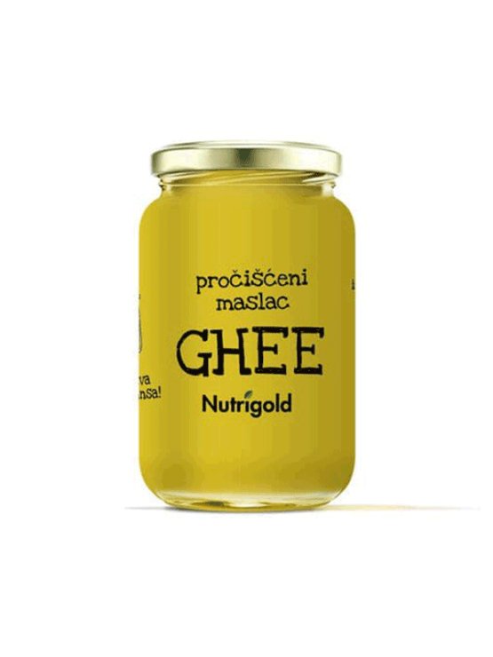 Nutrigold organic clarified butter ghee in a glass jar of 500g