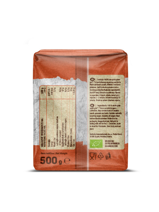 Nutrigold organic spelt grits in a transparent packaging of 500g