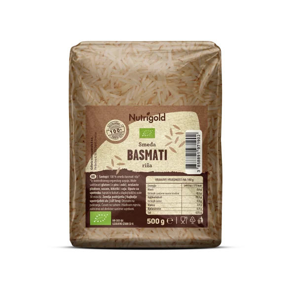 Nutrigold organic brown basmati rice in a transparent, plastic bag of 500 grams