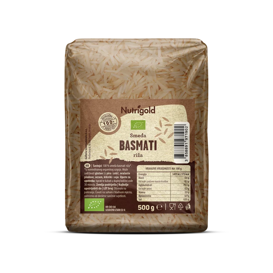 Nutrigold organic brown basmati rice in a transparent, plastic bag of 500 grams
