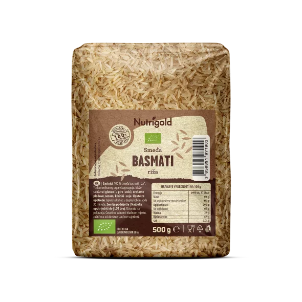 Nutrigold organic brown basmati rice in a transparent, plastic bag of 500 grams