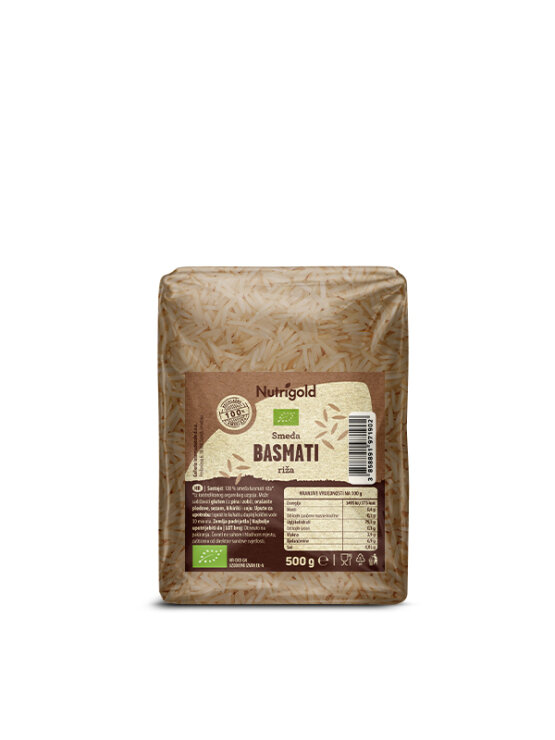 Nutrigold organic brown basmati rice in a transparent, plastic bag of 500 grams