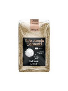 Nutrigold organic brown basmati rice in a transparent, plastic bag of 500 grams