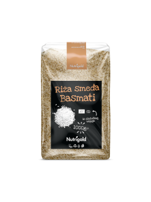 Nutrigold brown basmati rice in a transparent, plastic bag of 1000 grams