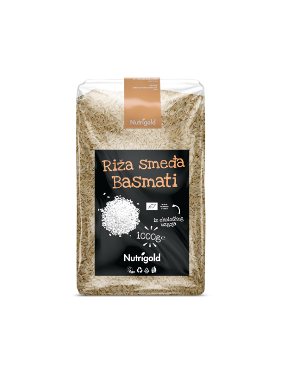 Nutrigold brown basmati rice in a transparent, plastic bag of 1000 grams
