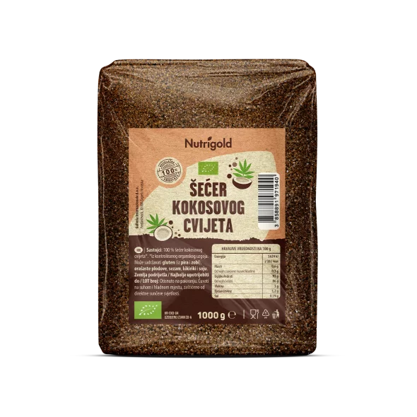 Nutrigold organic coconut blossom sugar in a transparent packaging of 1000g