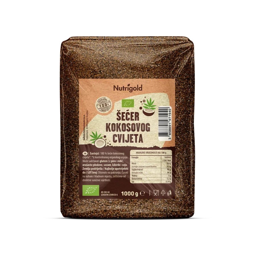 Nutrigold organic coconut blossom sugar in a transparent packaging of 1000g