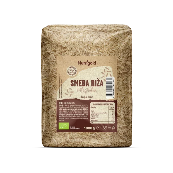 Nutrigold whole grain rice in a transparent packaging containing 1kg of long grain brown rice