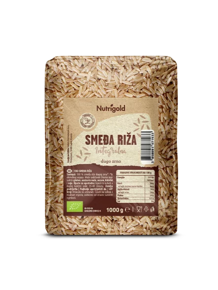 Nutrigold whole grain rice in a transparent packaging containing 1kg of long grain brown rice