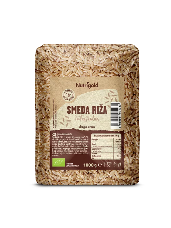 Nutrigold whole grain rice in a transparent packaging containing 1kg of long grain brown rice