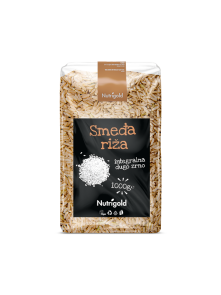 Nutrigold whole grain rice in a transparent packaging containing 1kg of long grain brown rice