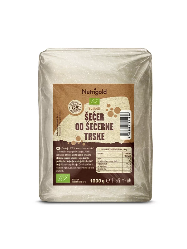 Nutrigold organic cane sugar in a transparent packaging of 1000g