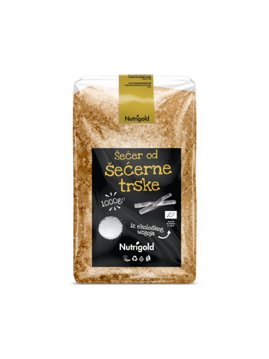 Nutrigold organic cane sugar in a transparent packaging of 1000g