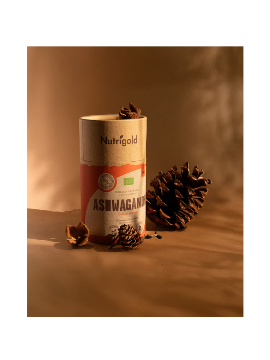Nutrigold Ashwagandha Powder in a orange tube of 200 grams