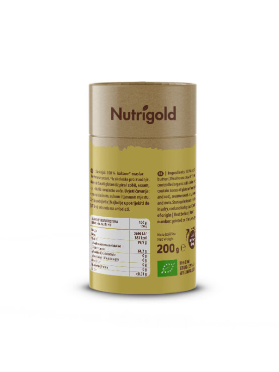 Nutrigold organic cocoa butter in a cylinder shaped cardboard packaging of 200g