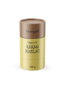 Nutrigold organic cocoa butter in a cylinder shaped cardboard packaging of 200g