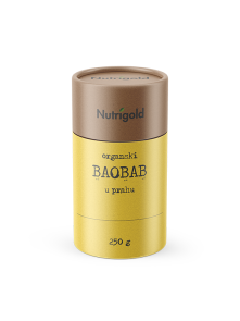 Organic Baobab powder in a yellow cylindrical container, 250 grams