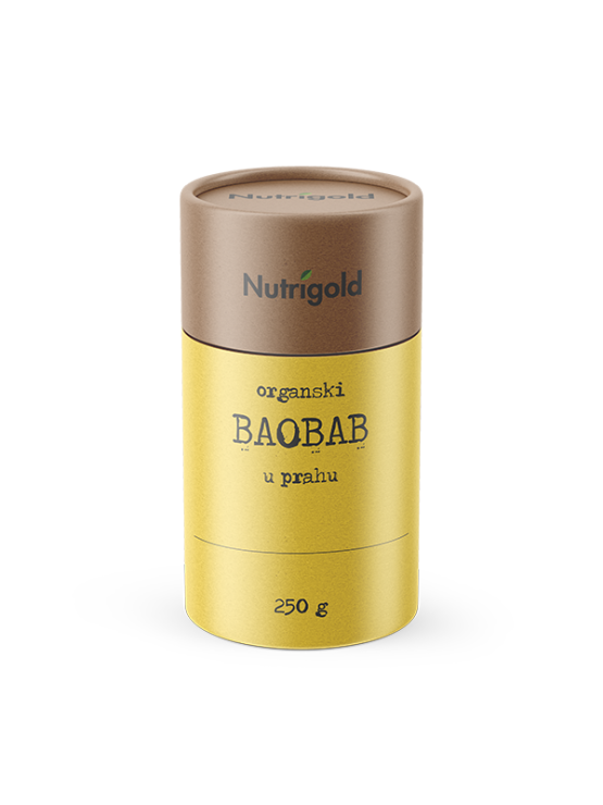 Organic Baobab powder in a yellow cylindrical container, 250 grams
