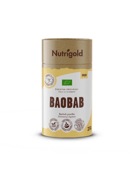 Organic Baobab powder in a yellow cylindrical container, 250 grams