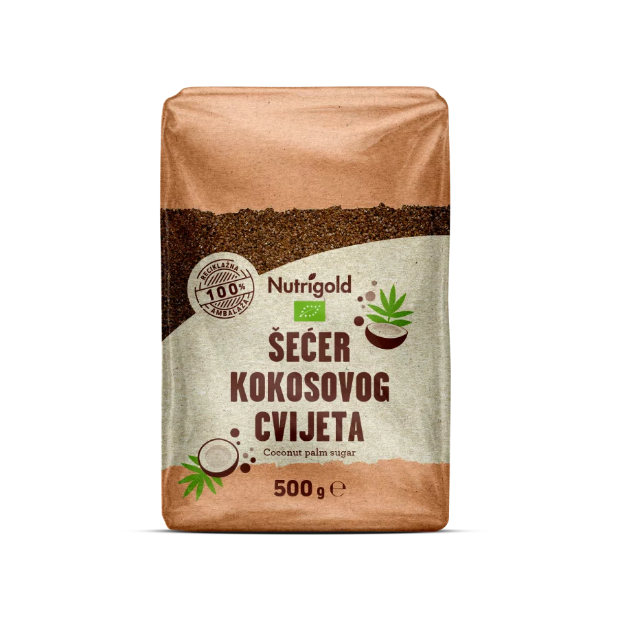 Nutrigold organic coconut blossom sugar in a transparent packaging of 500g